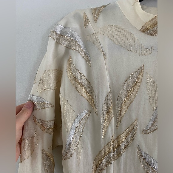 70s/80s handmade cream with gold leaf peplum style dress - M-L - Picture 3 of 9
